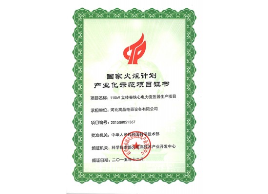 國家火炬計劃產(chǎn)業(yè)化項目證書(shū)